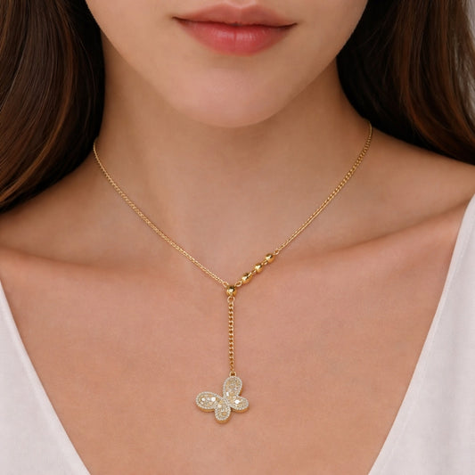 Oro Laminado Fancy Necklace, Gold Filled Style Butterfly and Miami Cuban Design, Diamond Cutting Finish, Golden Finish