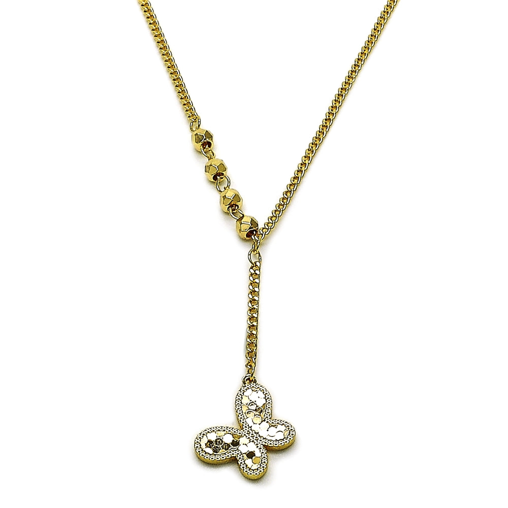 Oro Laminado Fancy Necklace, Gold Filled Style Butterfly and Miami Cuban Design, Diamond Cutting Finish, Golden Finish