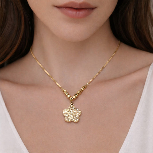 Oro Laminado Fancy Necklace, Gold Filled Style Flower and Disco Design, Diamond Cutting Finish, Golden Finish