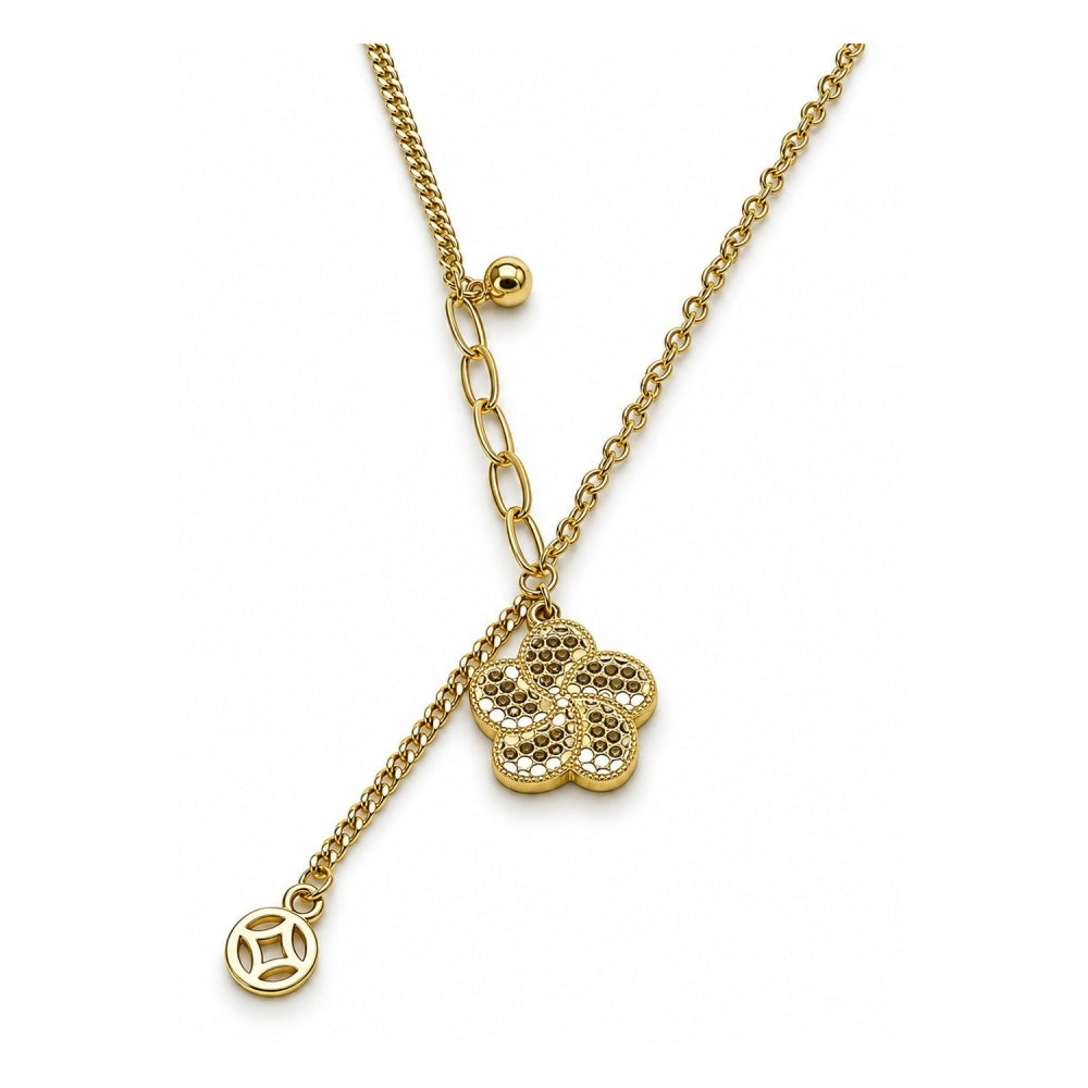 Oro Laminado Fancy Necklace, Gold Filled Style Flower and Ball Design, Diamond Cutting Finish, Golden Finish