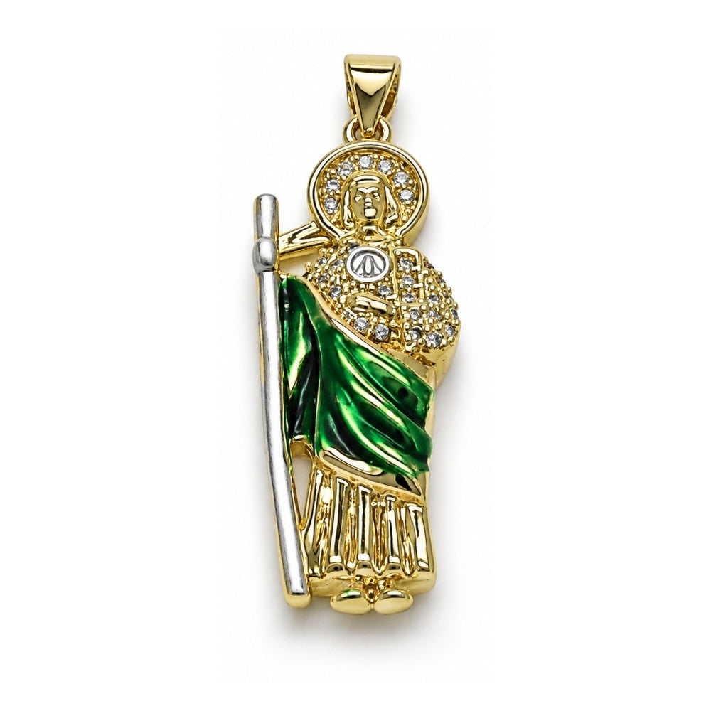 Oro Laminado Religious Pendant, Gold Filled Style San Judas Design, with White Cubic Zirconia, Polished, Tricolor