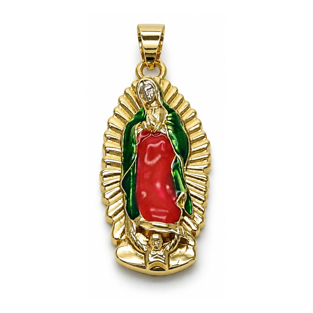 Oro Laminado Religious Pendant, Gold Filled Style Guadalupe Design, Polished, Tricolor