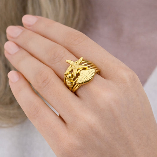 Oro Laminado Elegant Ring, Gold Filled Style Star and Shell Design, Polished, Golden Finish