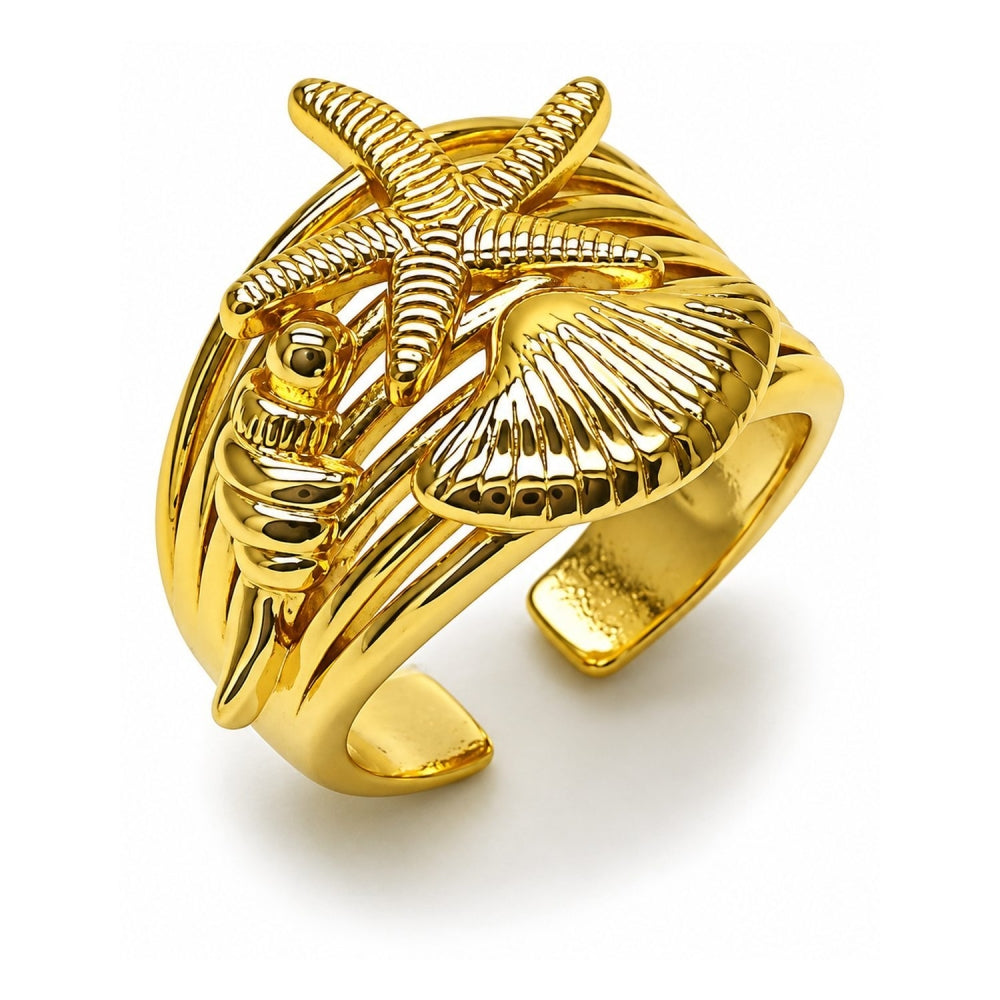 Oro Laminado Elegant Ring, Gold Filled Style Star and Shell Design, Polished, Golden Finish
