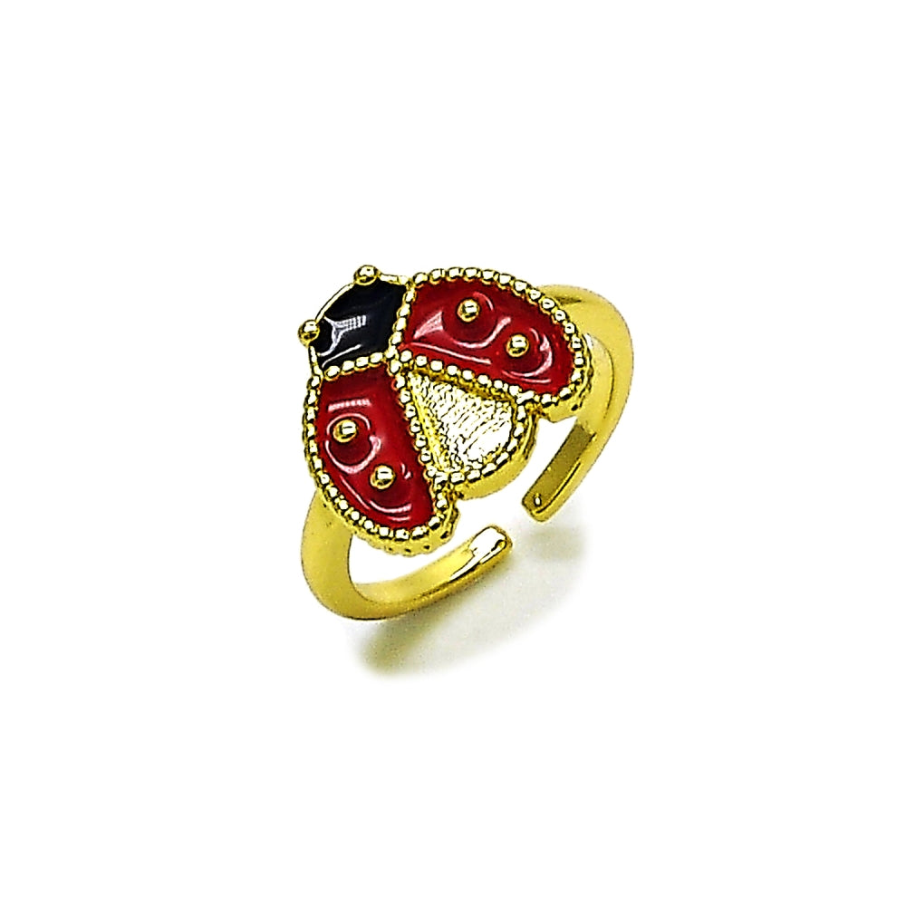 Oro Laminado Elegant Ring, Gold Filled Style Ladybug Design, Red Enamel Finish, Golden Finish