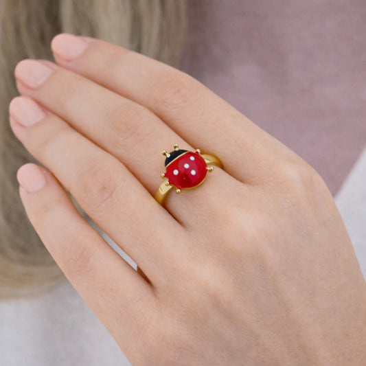 Oro Laminado Elegant Ring, Gold Filled Style Ladybug Design, Red Enamel Finish, Golden Finish