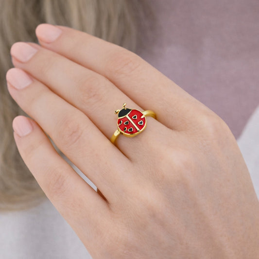 Oro Laminado Elegant Ring, Gold Filled Style Ladybug Design, Red Enamel Finish, Golden Finish