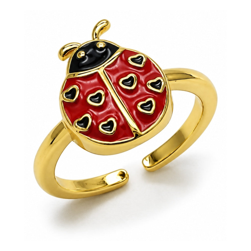 Oro Laminado Elegant Ring, Gold Filled Style Ladybug Design, Red Enamel Finish, Golden Finish