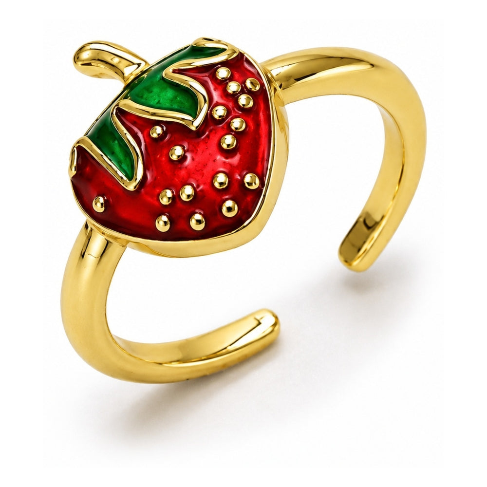 Oro Laminado Elegant Ring, Gold Filled Style Strawberry Design, Red Enamel Finish, Golden Finish