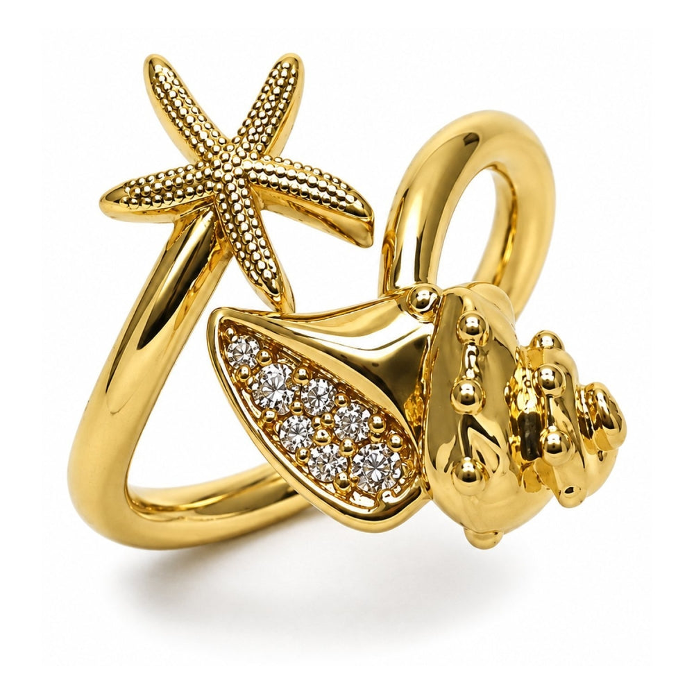 Oro Laminado Multi Stone Ring, Gold Filled Style Star and Snail Design, with White Cubic Zirconia, Polished, Golden Finish