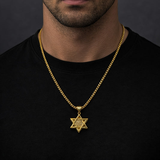 Oro Laminado Religious Pendant, Gold Filled Style Star of David Design, with White Cubic Zirconia, Polished, Golden Finish