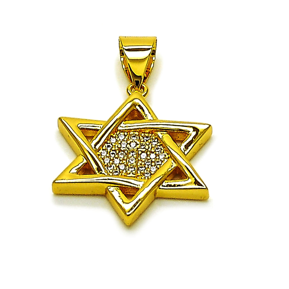 Oro Laminado Religious Pendant, Gold Filled Style Star of David and Judaica Design, with White Cubic Zirconia, Polished, Golden Finish