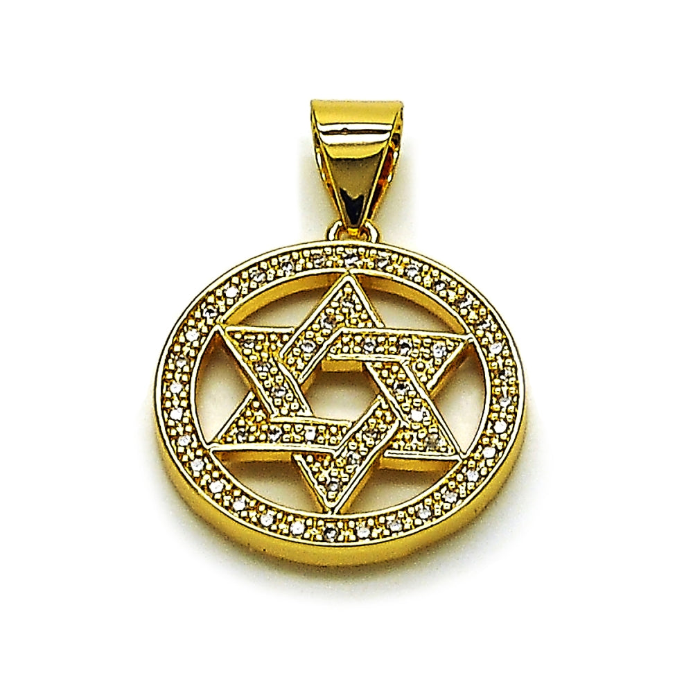 Oro Laminado Religious Pendant, Gold Filled Style Star of David and Judaica Design, with White Cubic Zirconia, Polished, Golden Finish