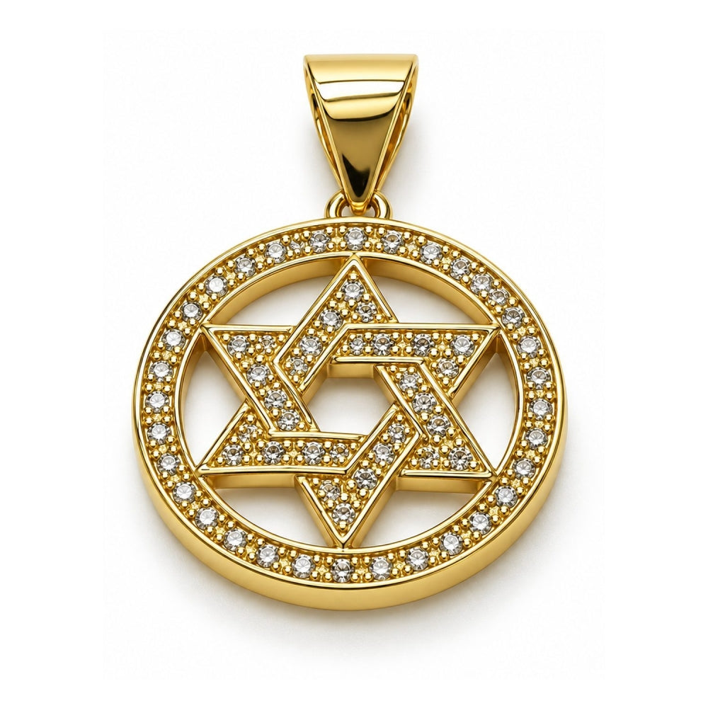 Oro Laminado Religious Pendant, Gold Filled Style Star of David and Judaica Design, with White Cubic Zirconia, Polished, Golden Finish