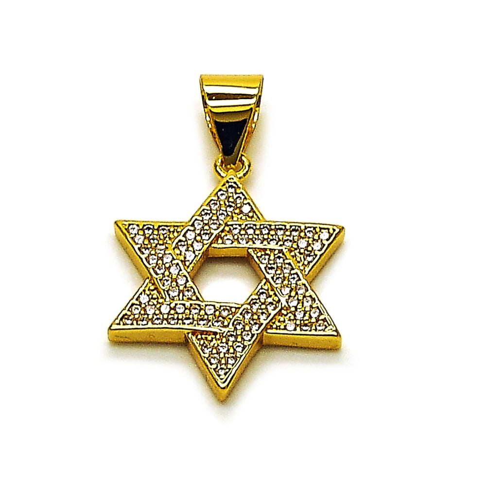 Oro Laminado Religious Pendant, Gold Filled Style Star of David and Judaica Design, with White Cubic Zirconia, Polished, Golden Finish