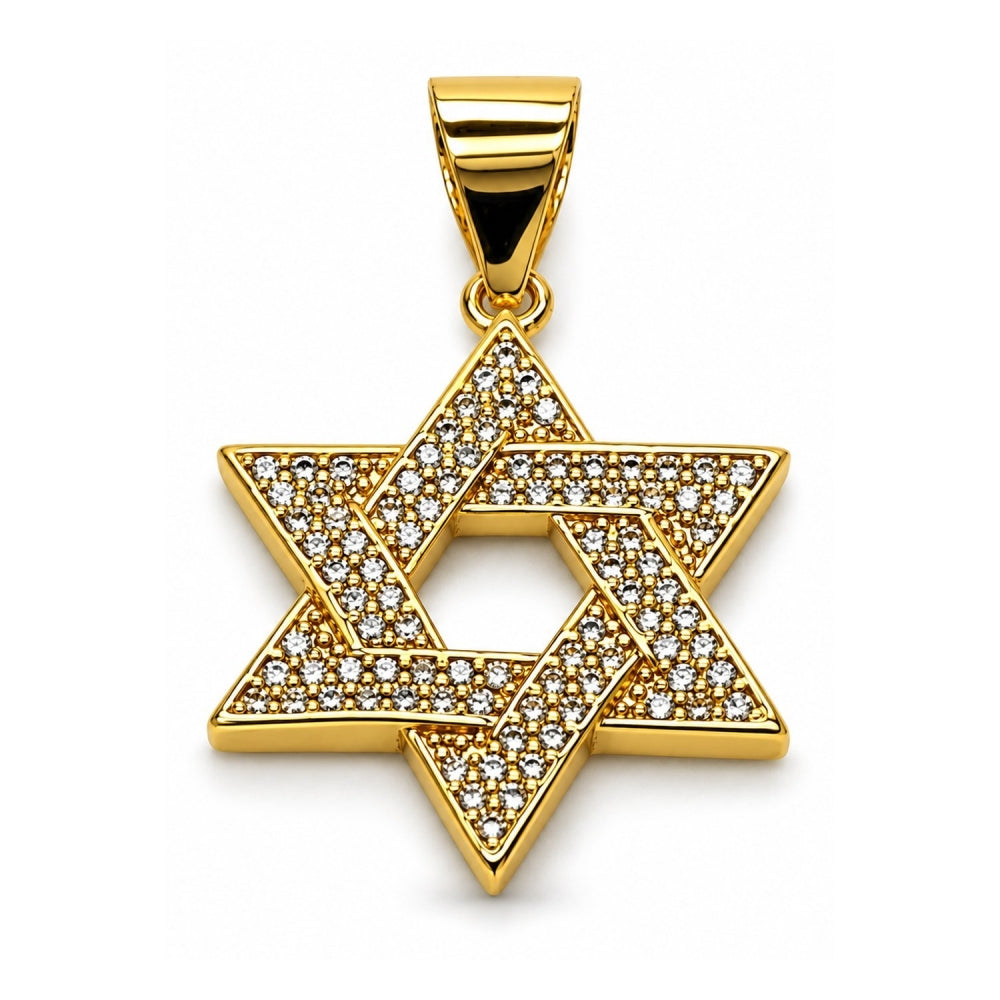 Oro Laminado Religious Pendant, Gold Filled Style Star of David and Judaica Design, with White Cubic Zirconia, Polished, Golden Finish