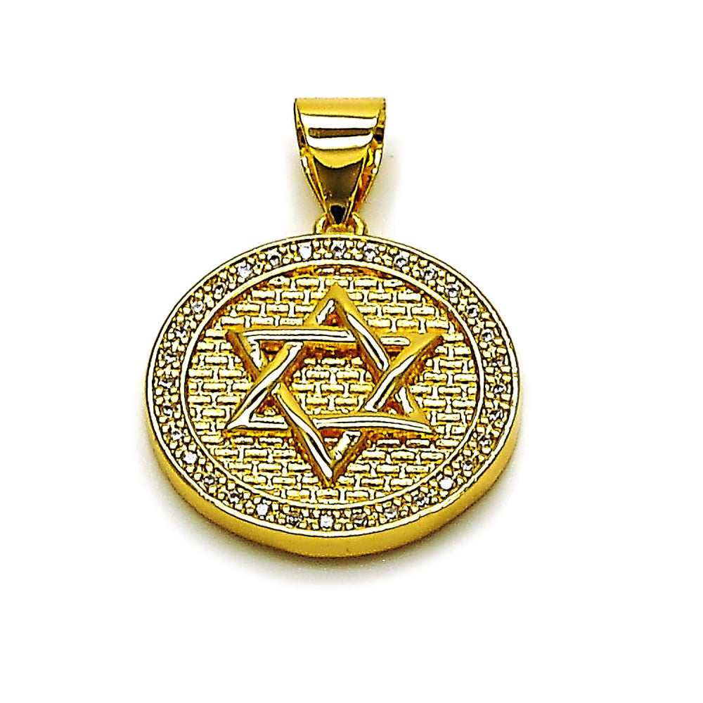 Oro Laminado Religious Pendant, Gold Filled Style Star of David and Judaica Design, with White Cubic Zirconia, Polished, Golden Finish
