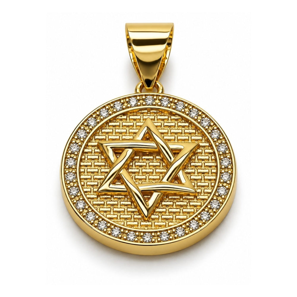 Oro Laminado Religious Pendant, Gold Filled Style Star of David and Judaica Design, with White Cubic Zirconia, Polished, Golden Finish