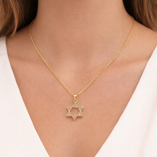 Oro Laminado Religious Pendant, Gold Filled Style Star of David and Judaica Design, with White Cubic Zirconia, Polished, Golden Finish