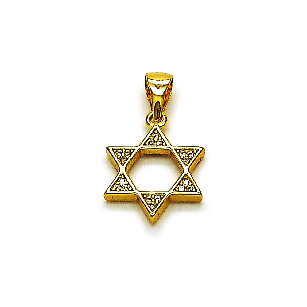 Oro Laminado Religious Pendant, Gold Filled Style Star of David and Judaica Design, with White Cubic Zirconia, Polished, Golden Finish