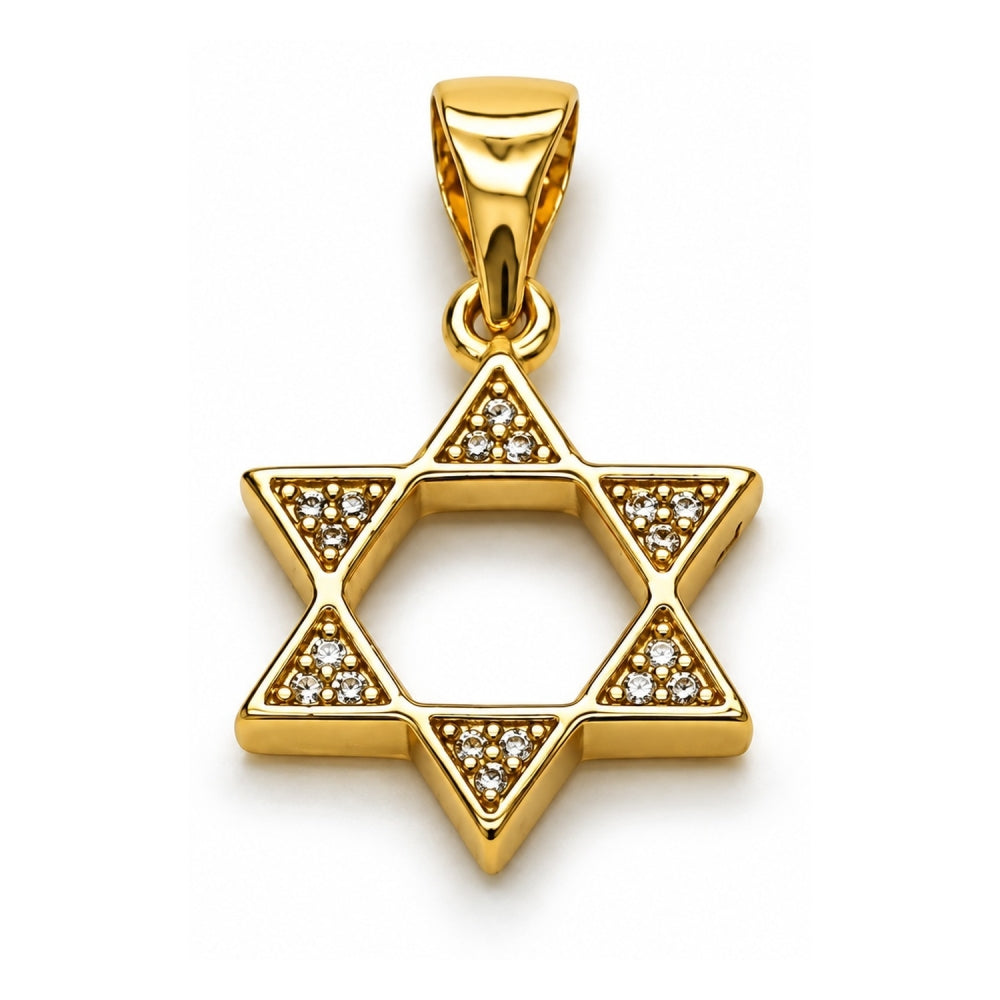 Oro Laminado Religious Pendant, Gold Filled Style Star of David and Judaica Design, with White Cubic Zirconia, Polished, Golden Finish