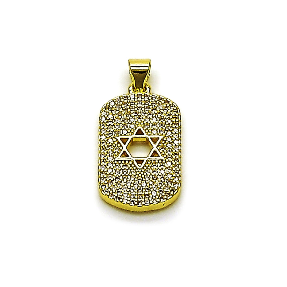 Oro Laminado Religious Pendant, Gold Filled Style Star of David and Judaica Design, with White Micro Pave, Polished, Golden Finish