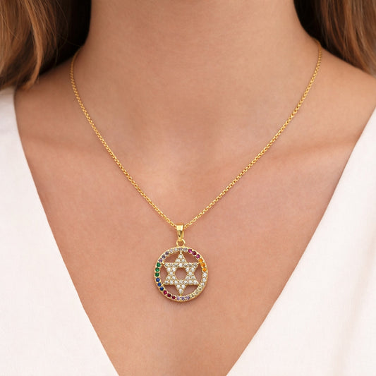 Oro Laminado Religious Pendant, Gold Filled Style Star of David and Judaica Design, with Multicolor and White Cubic Zirconia, Polished, Golden Finish