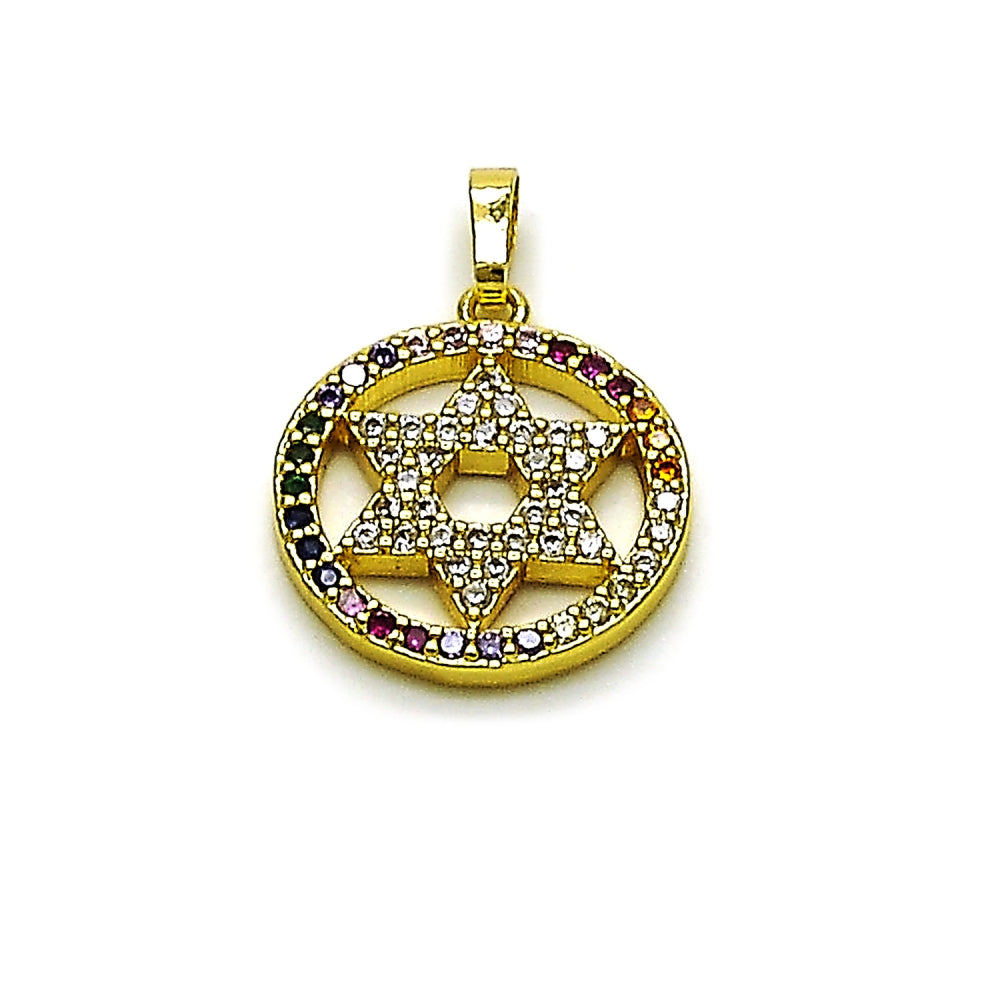 Oro Laminado Religious Pendant, Gold Filled Style Star of David and Judaica Design, with Multicolor and White Cubic Zirconia, Polished, Golden Finish