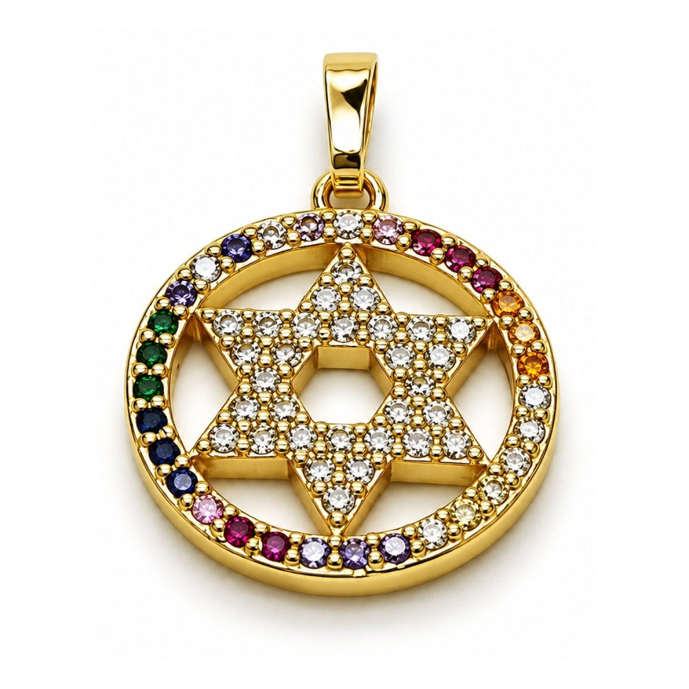 Oro Laminado Religious Pendant, Gold Filled Style Star of David and Judaica Design, with Multicolor and White Cubic Zirconia, Polished, Golden Finish