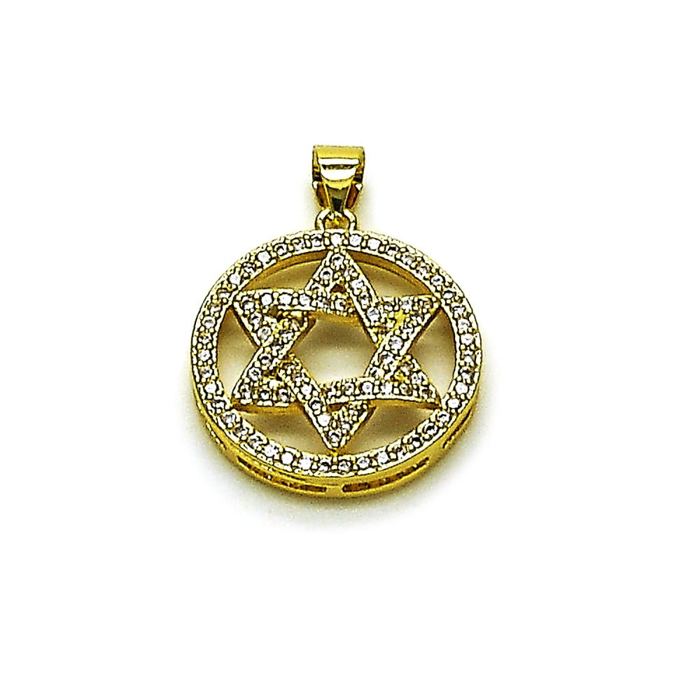 Oro Laminado Religious Pendant, Gold Filled Style Star of David and Judaica Design, with White Cubic Zirconia, Polished, Golden Finish