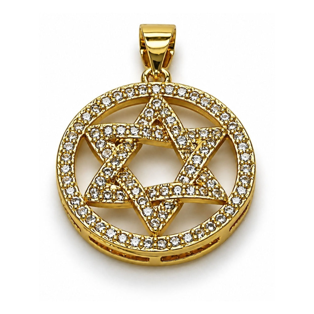 Oro Laminado Religious Pendant, Gold Filled Style Star of David and Judaica Design, with White Cubic Zirconia, Polished, Golden Finish