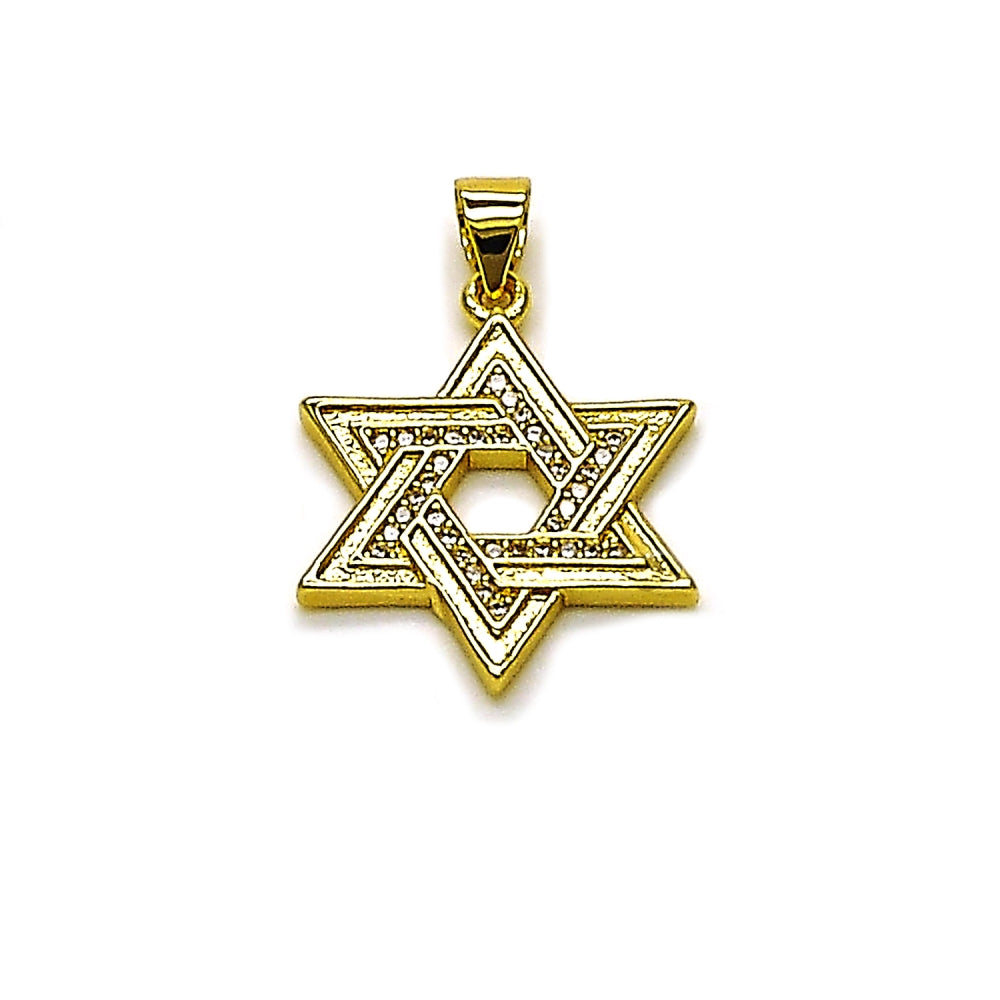 Oro Laminado Religious Pendant, Gold Filled Style Star of David and Judaica Design, with White Micro Pave, Polished, Golden Finish