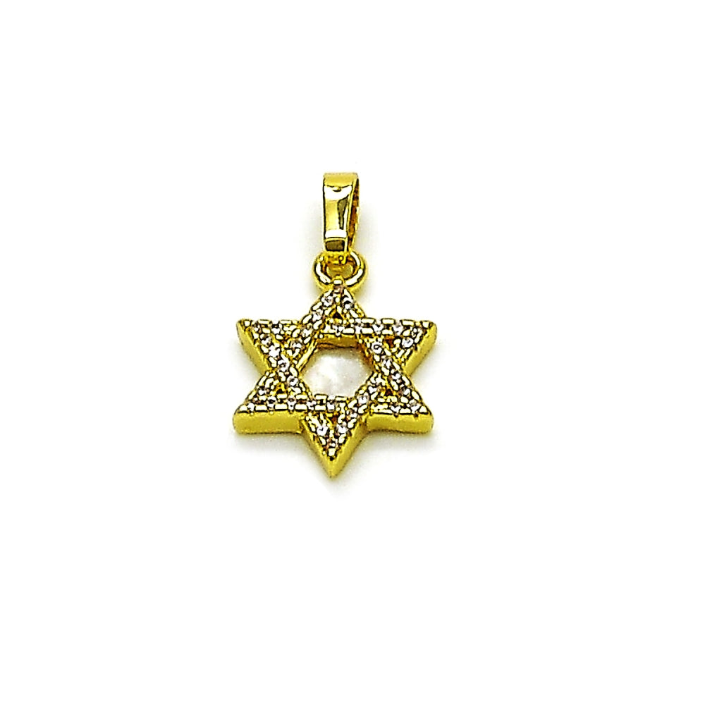 Oro Laminado Religious Pendant, Gold Filled Style Star of David and Judaica Design, with White Micro Pave and Ivory Mother of Pearl, Polished, Golden Finish