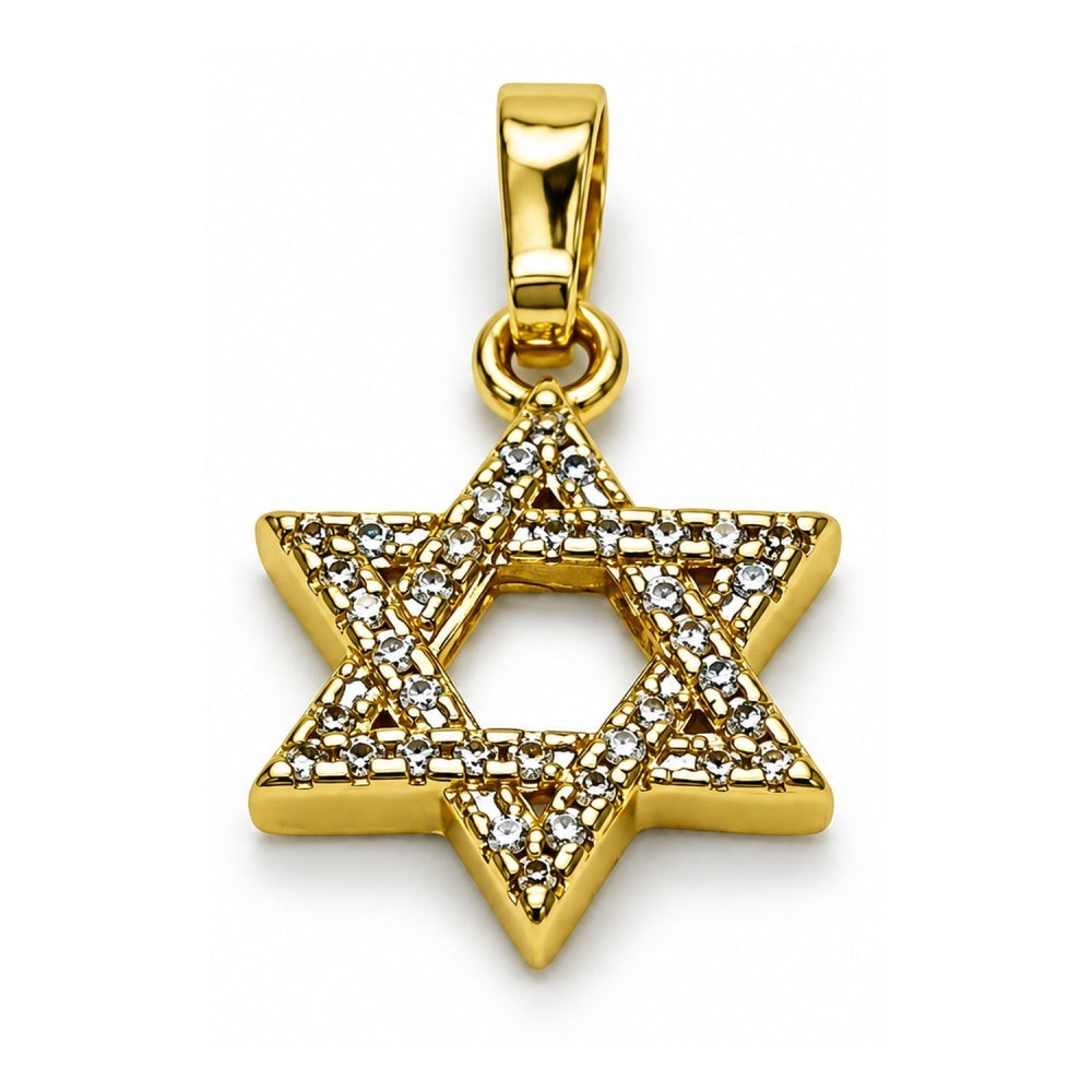 Oro Laminado Religious Pendant, Gold Filled Style Star of David and Judaica Design, with White Micro Pave and Ivory Mother of Pearl, Polished, Golden Finish