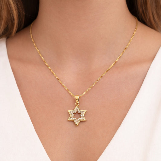 Oro Laminado Religious Pendant, Gold Filled Style Star of David Design, with White Cubic Zirconia, Polished, Golden Finish