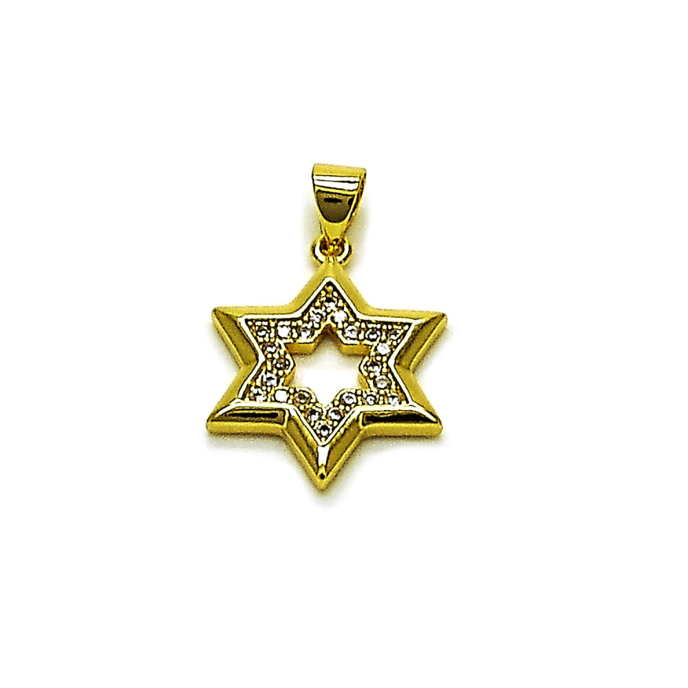 Oro Laminado Religious Pendant, Gold Filled Style Star of David and Judaica Design, with White Cubic Zirconia, Polished, Golden Finish