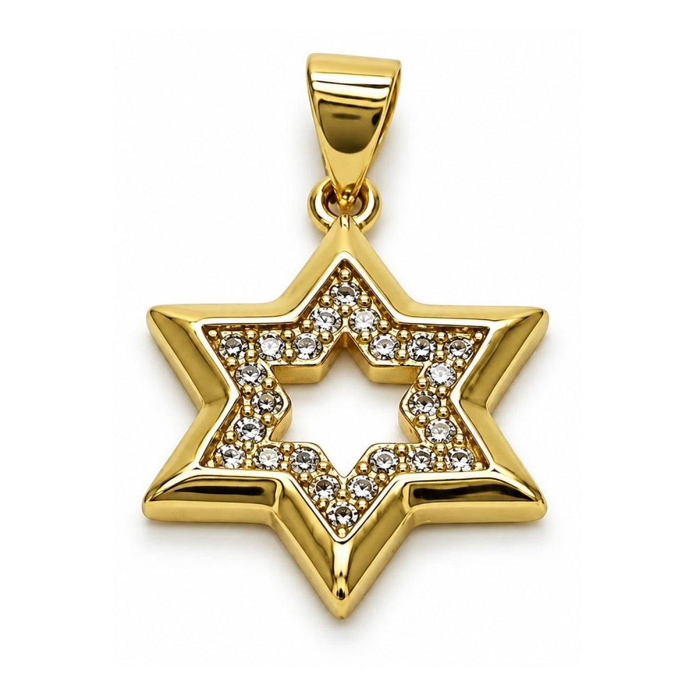 Oro Laminado Religious Pendant, Gold Filled Style Star of David and Judaica Design, with White Cubic Zirconia, Polished, Golden Finish