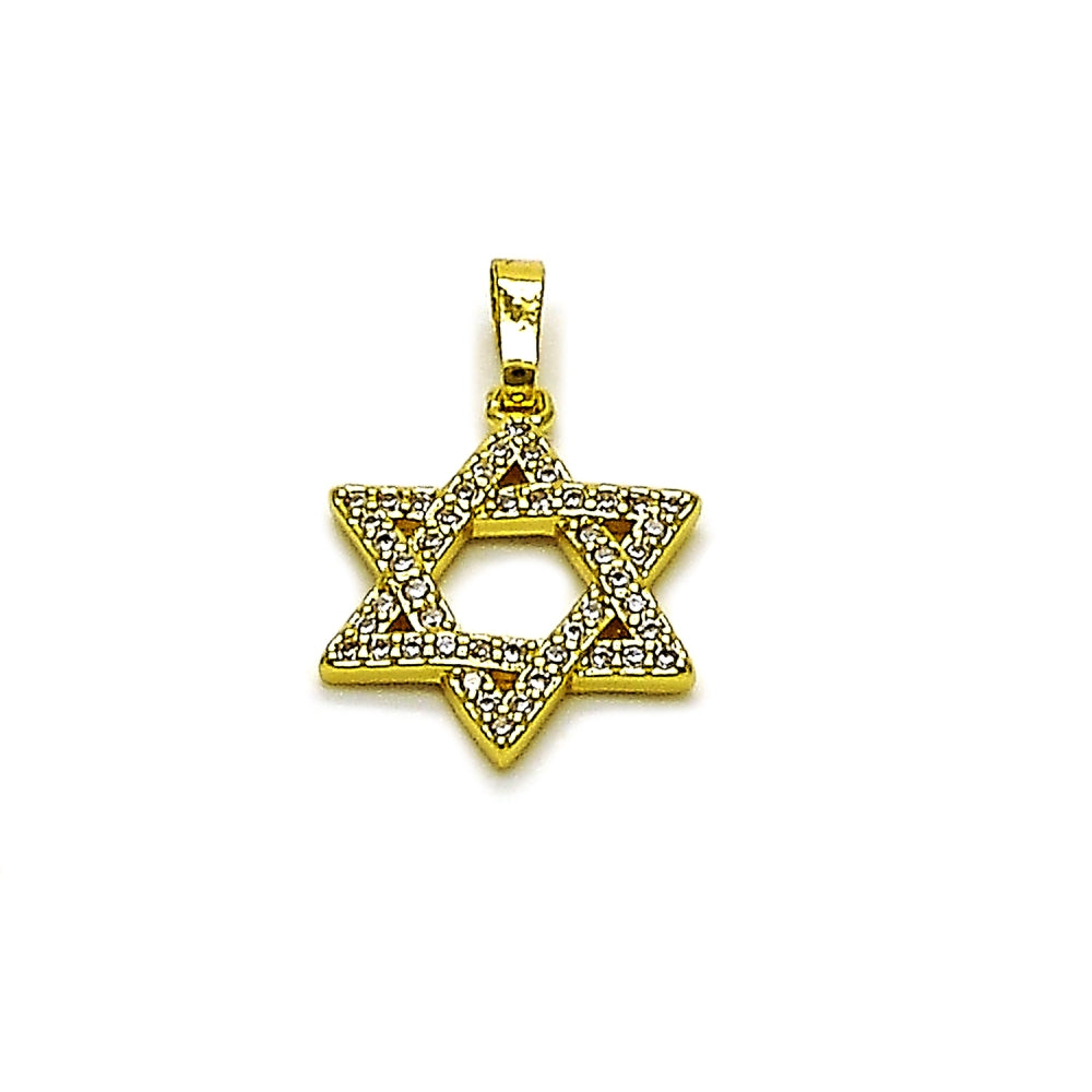 Oro Laminado Religious Pendant, Gold Filled Style Star of David and Judaica Design, with White Cubic Zirconia, Polished, Golden Finish