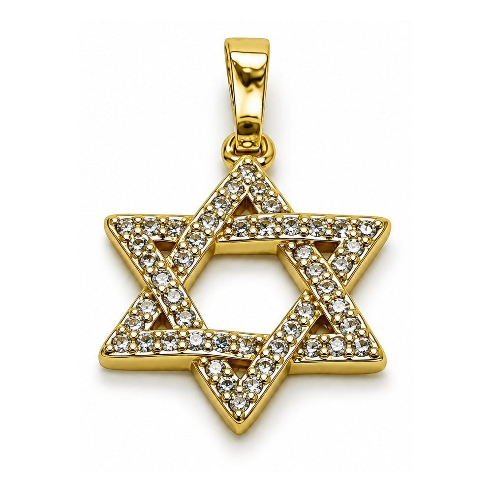 Oro Laminado Religious Pendant, Gold Filled Style Star of David and Judaica Design, with White Cubic Zirconia, Polished, Golden Finish