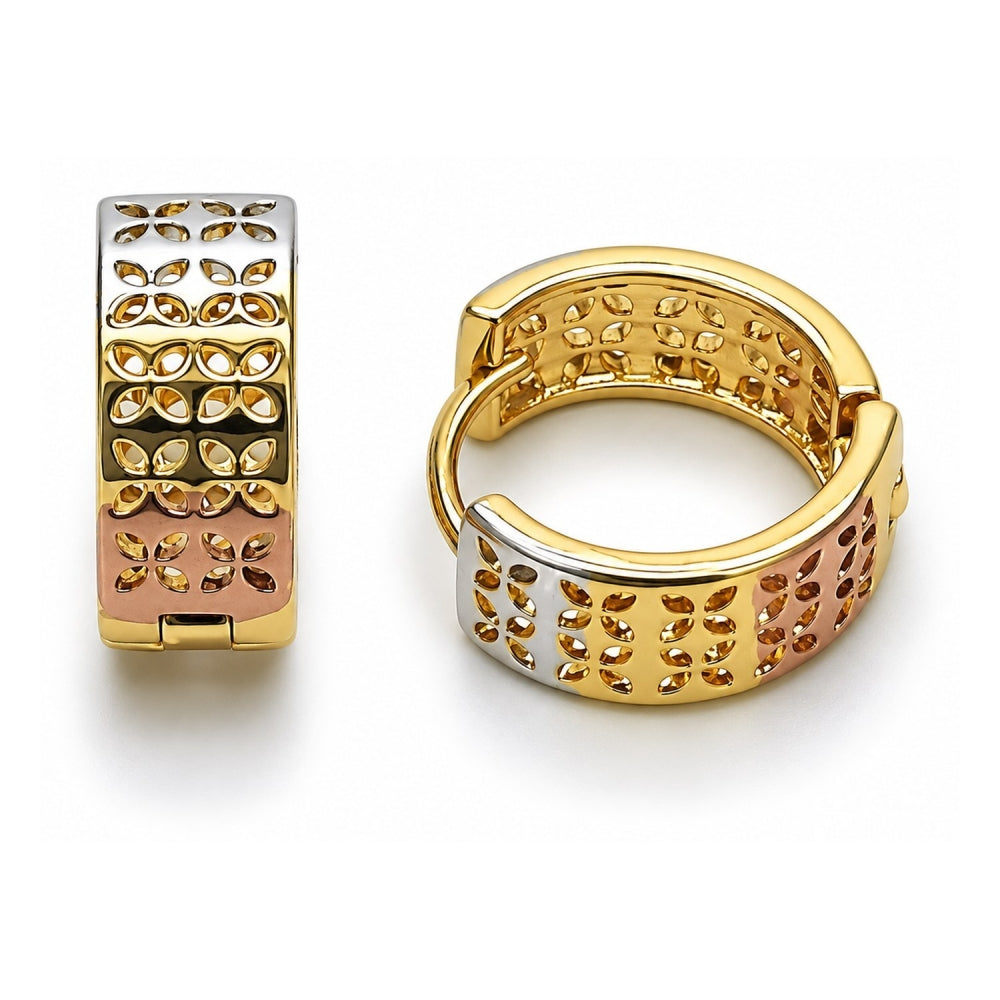 Oro Laminado Huggie Hoop, Gold Filled Style Four-leaf Clover Design, Polished, Tricolor