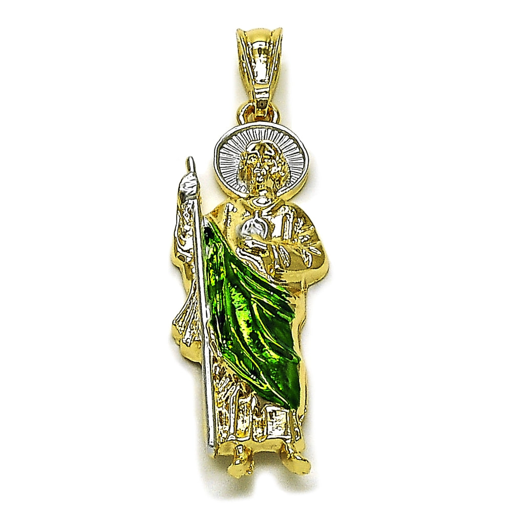 Oro Laminado Religious Pendant, Gold Filled Style San Judas Design, Polished, Tricolor