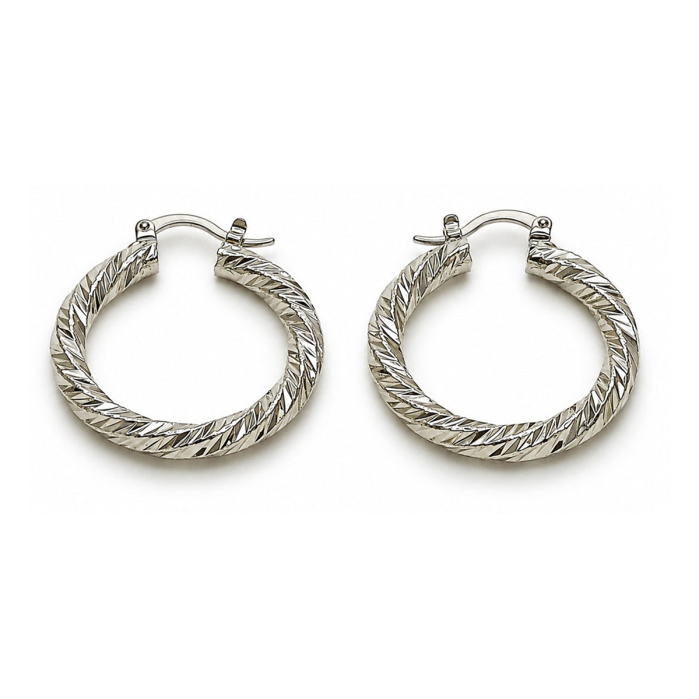 White Gold Filled Medium Hoop, Twist Design, Diamond Cutting Finish, Rhodium Finish