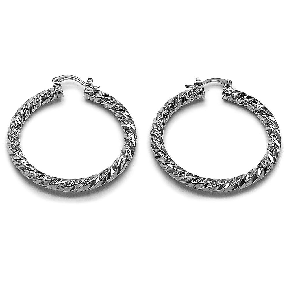 Rhodium Gold Filled Medium Hoop, Twist Design, Diamond Cutting Finish, Rhodium Finish