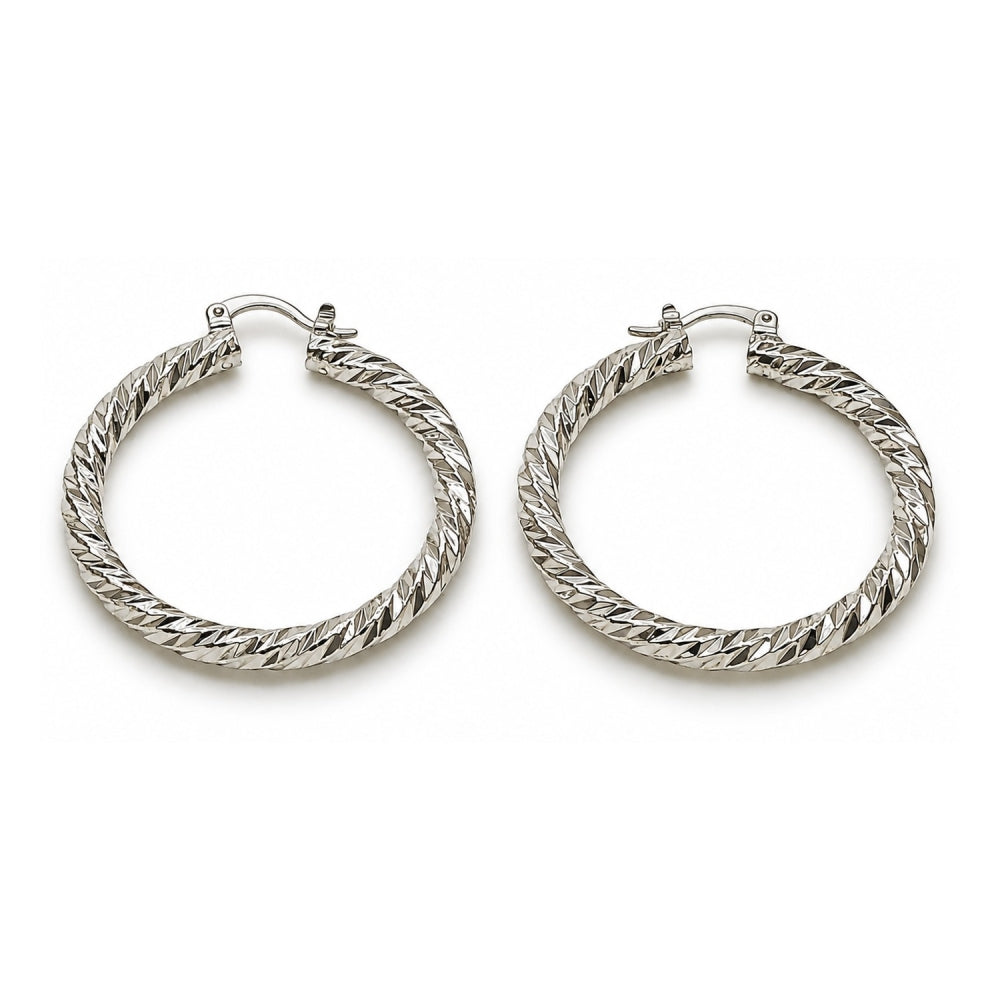 White Gold Filled Medium Hoop, Twist Design, Diamond Cutting Finish, Rhodium Finish