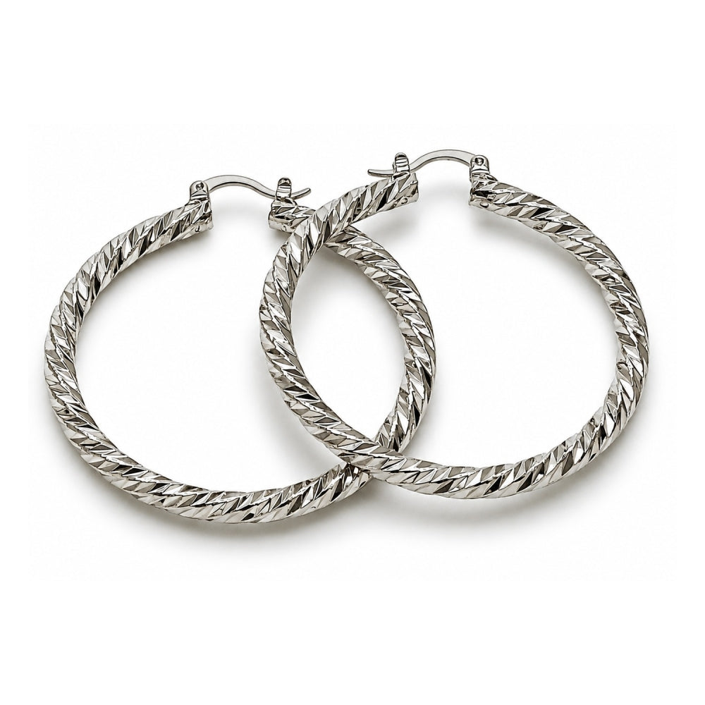 White Gold Filled Large Hoop, Twist Design, Diamond Cutting Finish, Rhodium Finish