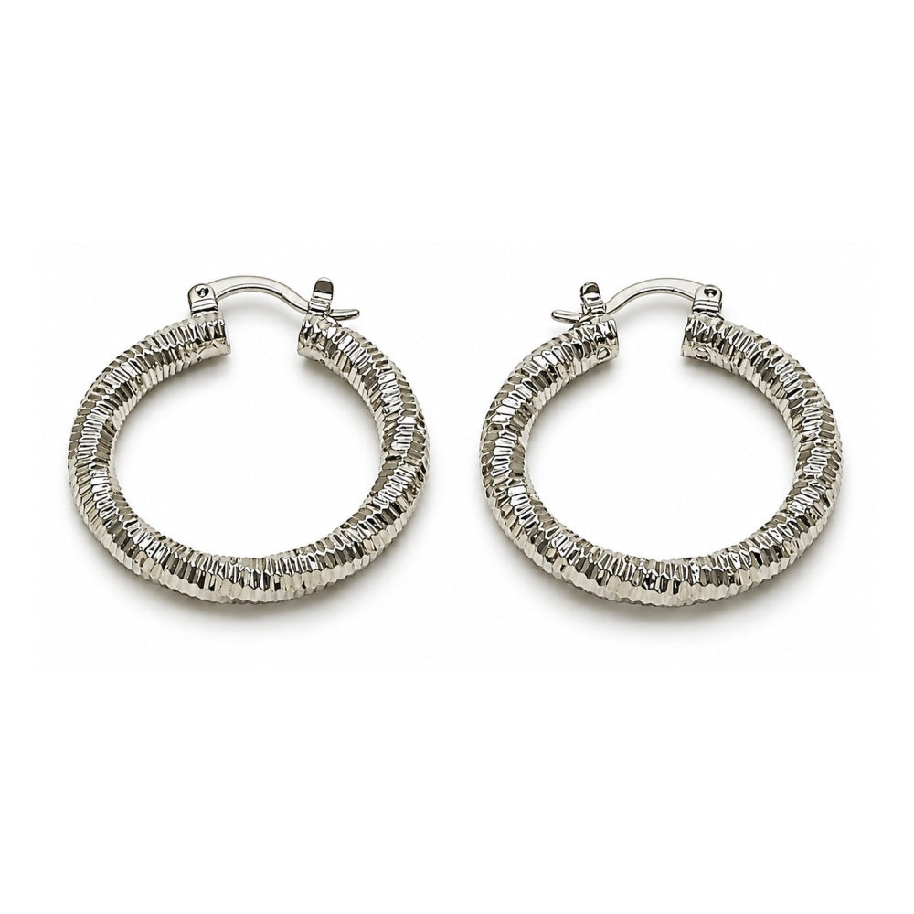 White Gold Filled Medium Hoop, Diamond Cutting Finish, Rhodium Finish
