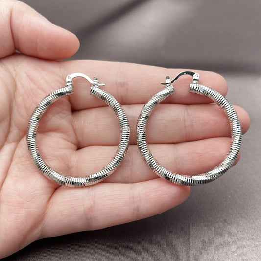 Rhodium Gold Filled Medium Hoop, Diamond Cutting Finish, Rhodium Finish