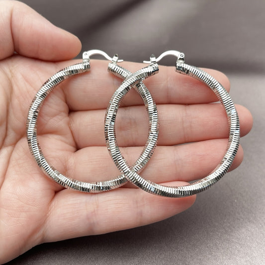 Rhodium Gold Filled Large Hoop, Diamond Cutting Finish, Rhodium Finish