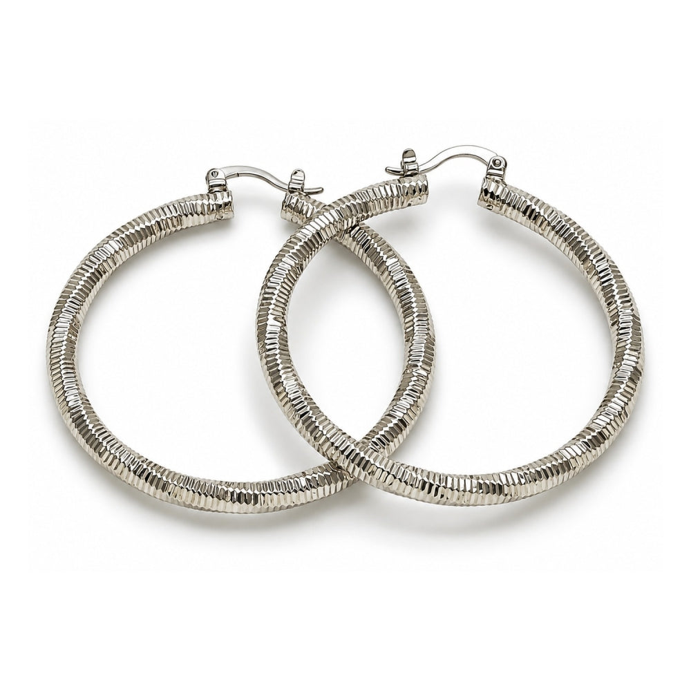 White Gold Filled Large Hoop, Diamond Cutting Finish, Rhodium Finish