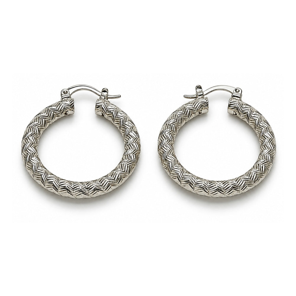 White Gold Filled Medium Hoop, Diamond Cutting Finish, Rhodium Finish
